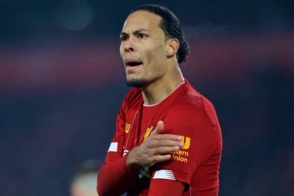 LIVERPOOL, ENGLAND - Sunday, January 19, 2020: Liverpool's Virgil van Dijk during the FA Premier League match between Liverpool FC and Manchester United FC at Anfield. (Pic by David Rawcliffe/Propaganda)