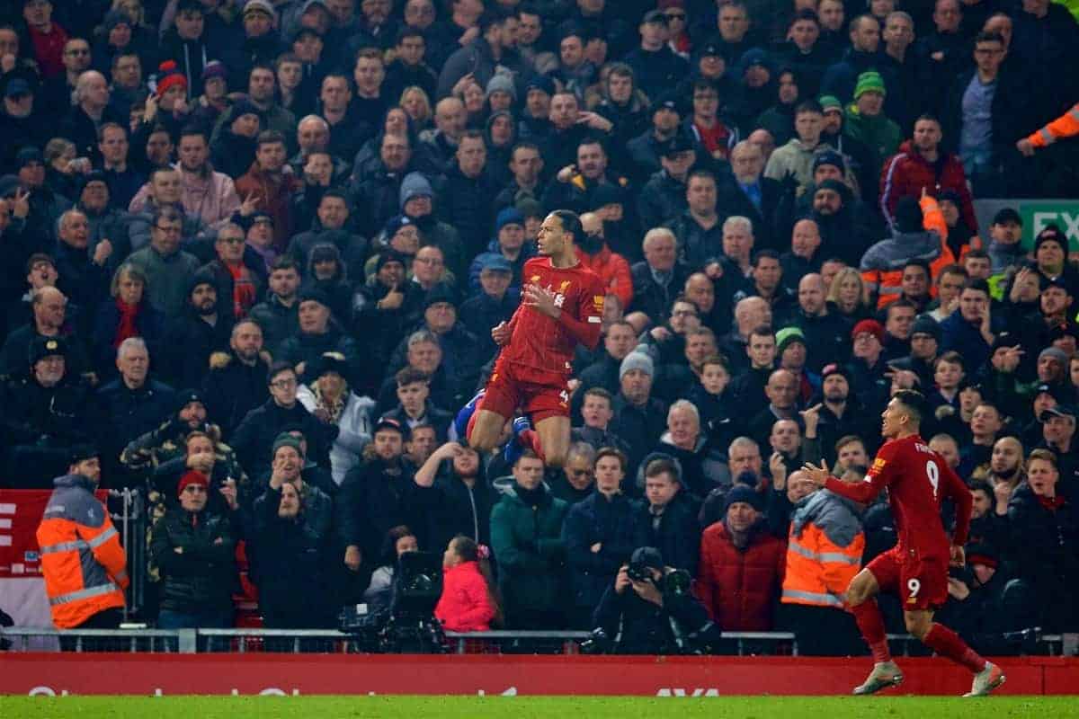 LIVERPOOL, ENGLAND - Sunday, January 19, 2020: Liverpool's Virgil van Dijk celebrates scoring the first goal during the FA Premier League match between Liverpool FC and Manchester United FC at Anfield. (Pic by David Rawcliffe/Propaganda)