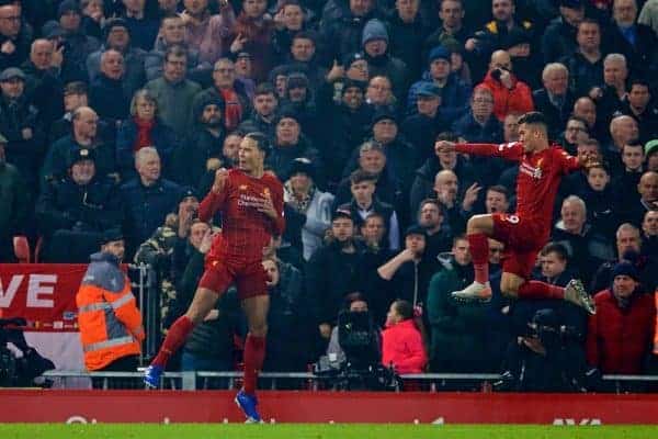 LIVERPOOL, ENGLAND - Sunday, January 19, 2020: Liverpool's Virgil van Dijk celebrates scoring the first goal with team-mate Roberto Firmino during the FA Premier League match between Liverpool FC and Manchester United FC at Anfield. (Pic by David Rawcliffe/Propaganda)