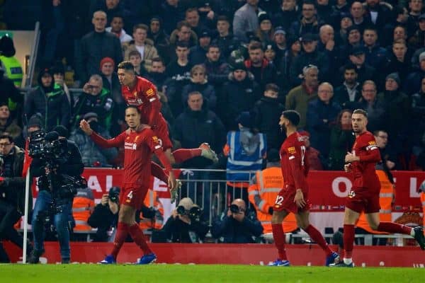 LIVERPOOL, ENGLAND - Sunday, January 19, 2020: Liverpool's Virgil van Dijk celebrates scoring the first goal with team-mate Roberto Firmino during the FA Premier League match between Liverpool FC and Manchester United FC at Anfield. (Pic by David Rawcliffe/Propaganda)