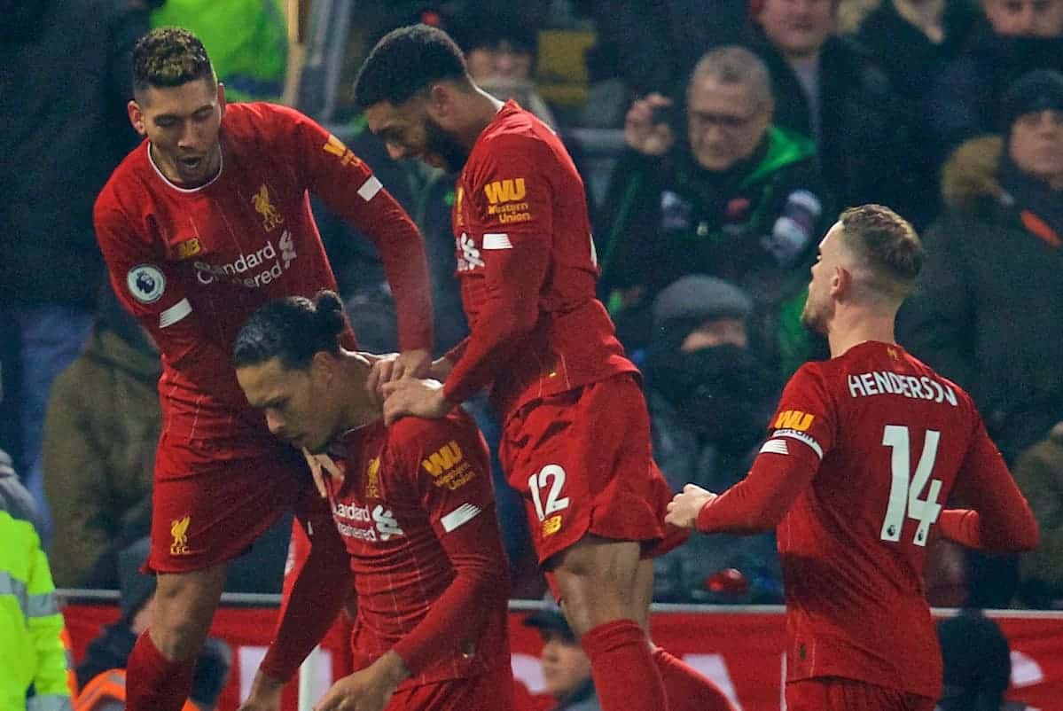 LIVERPOOL, ENGLAND - Sunday, January 19, 2020: Liverpool's Virgil van Dijk celebrates scoring the first goal with team-mates during the FA Premier League match between Liverpool FC and Manchester United FC at Anfield. (Pic by David Rawcliffe/Propaganda)