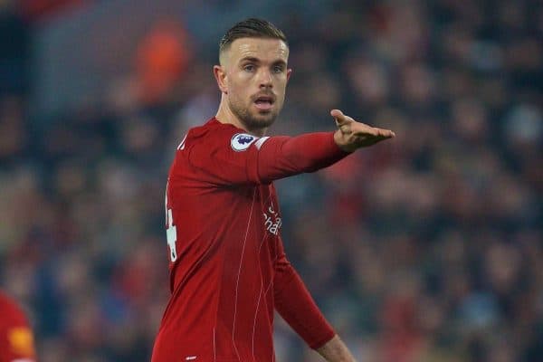 LIVERPOOL, ENGLAND - Sunday, January 19, 2020: Liverpool's captain Jordan Henderson during the FA Premier League match between Liverpool FC and Manchester United FC at Anfield. (Pic by David Rawcliffe/Propaganda)