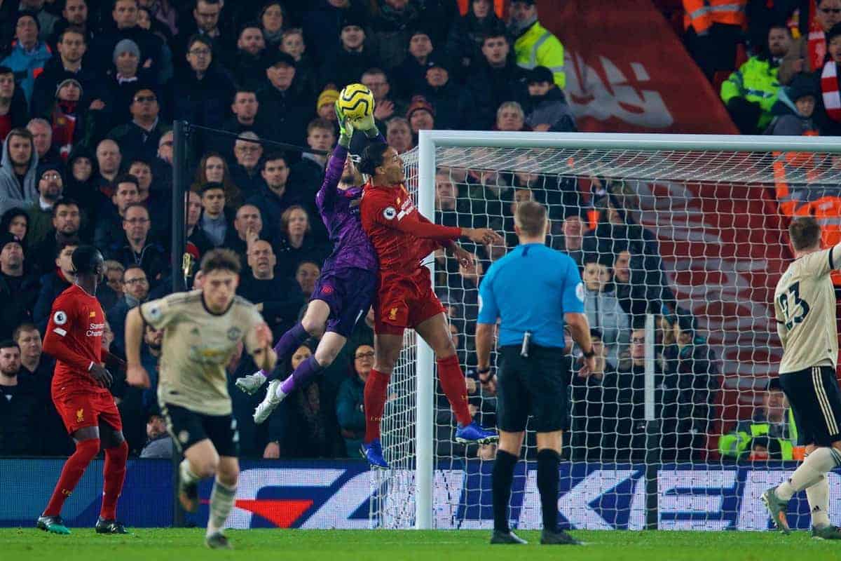 LIVERPOOL, ENGLAND - Sunday, January 19, 2020: Liverpool's Virgil van Dijk (R) challenges Manchester United's goalkeeper David de Gea during the FA Premier League match between Liverpool FC and Manchester United FC at Anfield. (Pic by David Rawcliffe/Propaganda)