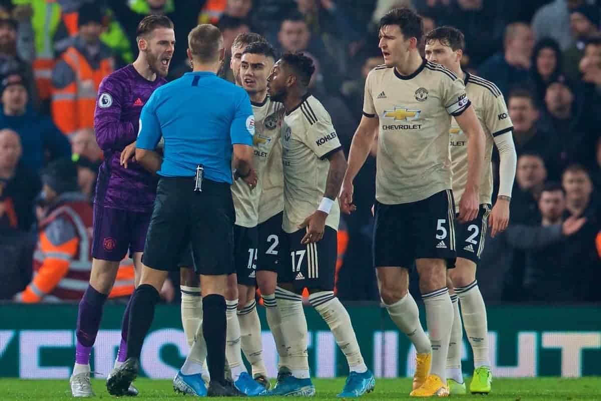 LIVERPOOL, ENGLAND - Sunday, January 19, 2020: Manchester United players argue with the referee during the FA Premier League match between Liverpool FC and Manchester United FC at Anfield. (Pic by David Rawcliffe/Propaganda)