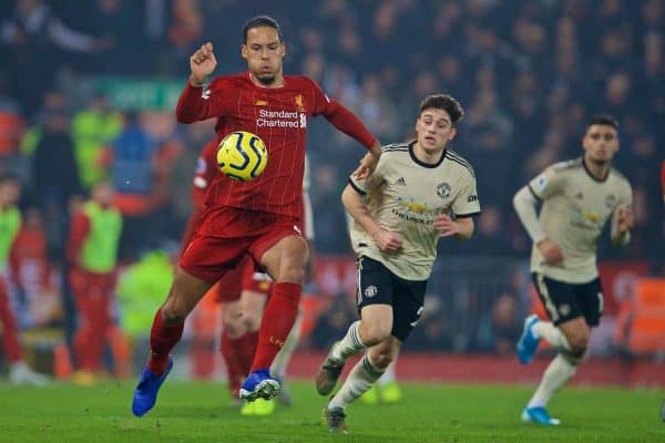 LIVERPOOL, ENGLAND - Sunday, January 19, 2020: Liverpool's Virgil van Dijk during the FA Premier League match between Liverpool FC and Manchester United FC at Anfield. (Pic by David Rawcliffe/Propaganda)