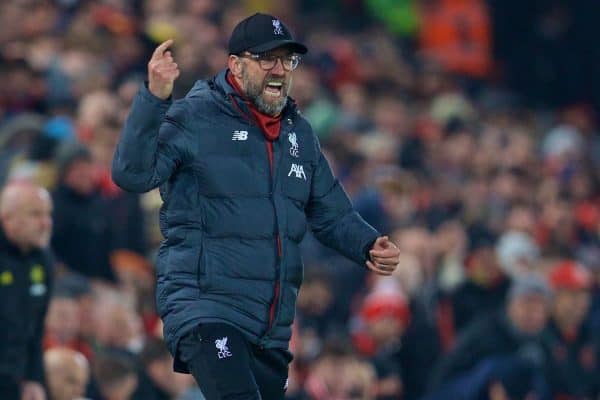 LIVERPOOL, ENGLAND - Sunday, January 19, 2020: Liverpool's manager Jürgen Klopp reacts during the FA Premier League match between Liverpool FC and Manchester United FC at Anfield. (Pic by David Rawcliffe/Propaganda)