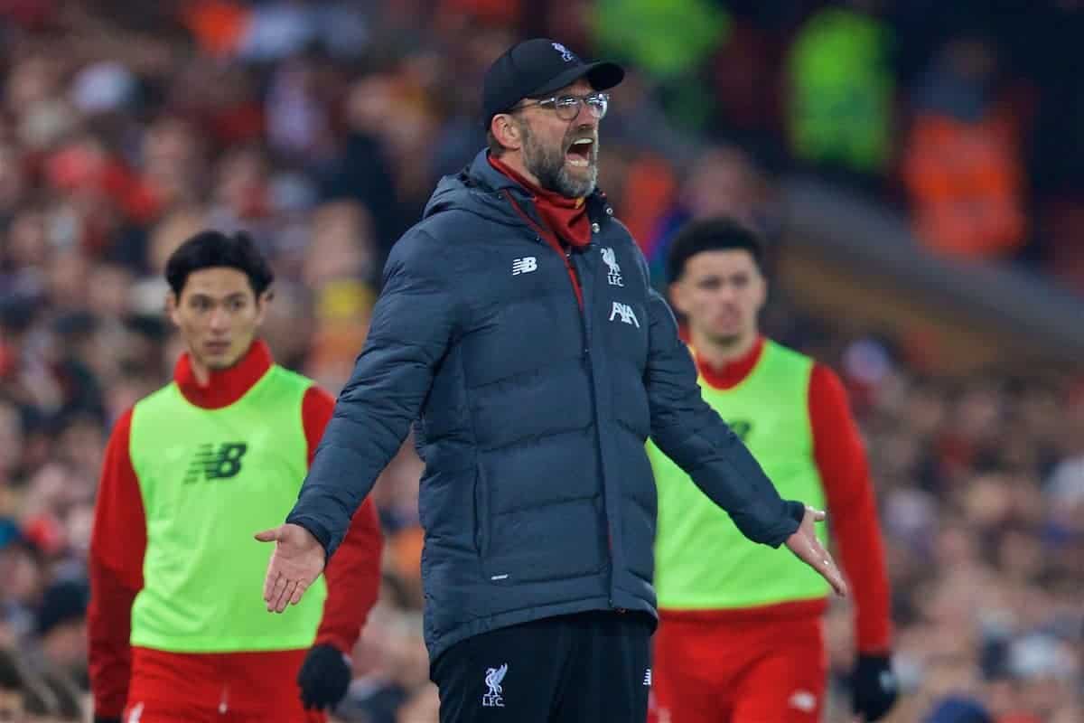 LIVERPOOL, ENGLAND - Sunday, January 19, 2020: Liverpool's manager Jürgen Klopp reacts during the FA Premier League match between Liverpool FC and Manchester United FC at Anfield. (Pic by David Rawcliffe/Propaganda)