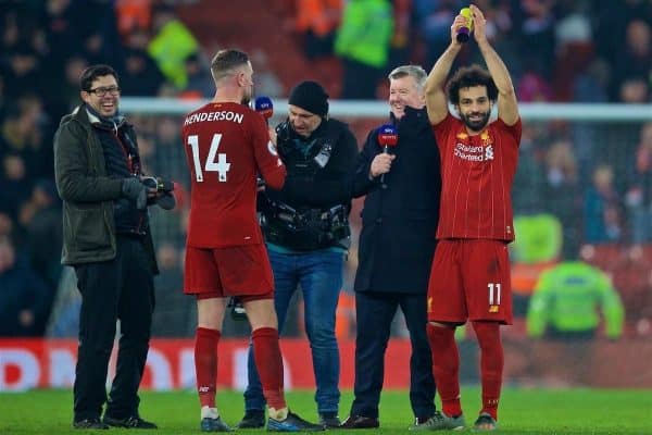 LIVERPOOL, ENGLAND - Sunday, January 19, 2020: Liverpool's Mohamed Salah (R) celebrates after the FA Premier League match between Liverpool FC and Manchester United FC at Anfield. Liverpool won 2-0. (Pic by David Rawcliffe/Propaganda)