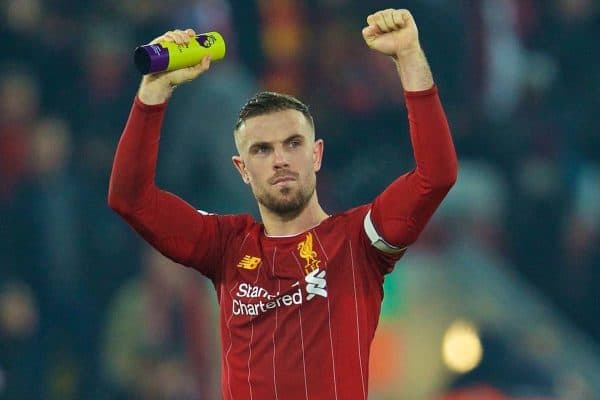 LIVERPOOL, ENGLAND - Sunday, January 19, 2020: Liverpool's captain Jordan Henderson celebrates after the FA Premier League match between Liverpool FC and Manchester United FC at Anfield.(Pic by David Rawcliffe/Propaganda)