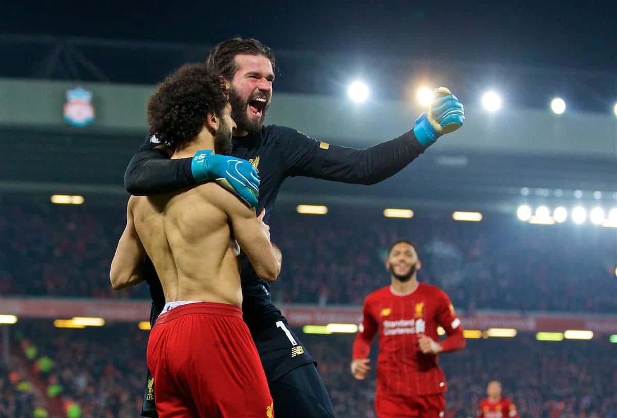 LIVERPOOL, ENGLAND - Sunday, January 19, 2020: Liverpool's Mohamed Salah (L) celebrates scoring the second goal with team-mate goalkeeper Alisson Becker during the FA Premier League match between Liverpool FC and Manchester United FC at Anfield. (Pic by David Rawcliffe/Propaganda)