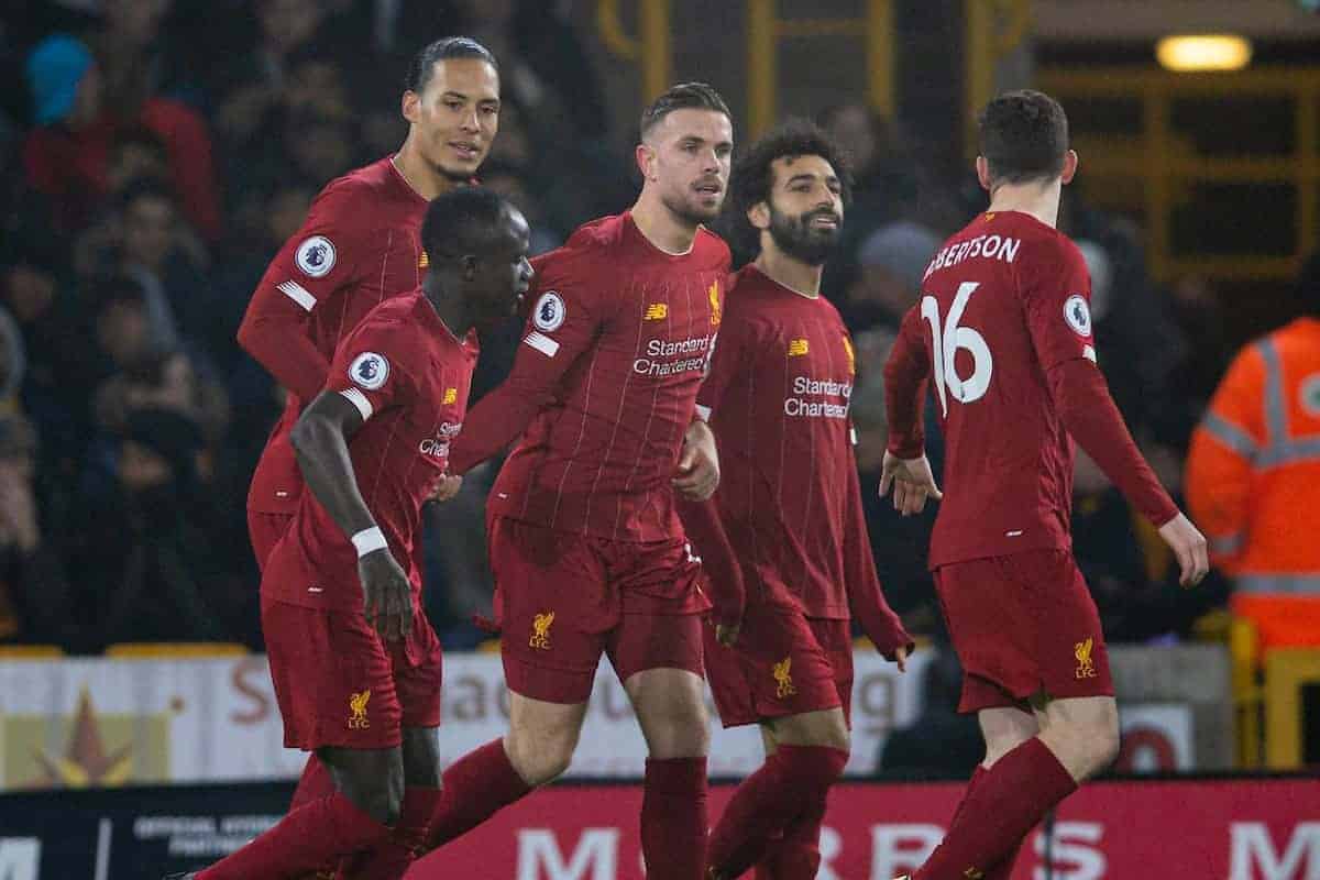 WOLVERHAMPTON, ENGLAND - Thursday, January 23, 2020: Liverpool's captain Jordan Henderson celebrates scoring the first goal during the FA Premier League match between Wolverhampton Wanderers FC and Liverpool FC at Molineux Stadium. (Pic by David Rawcliffe/Propaganda)