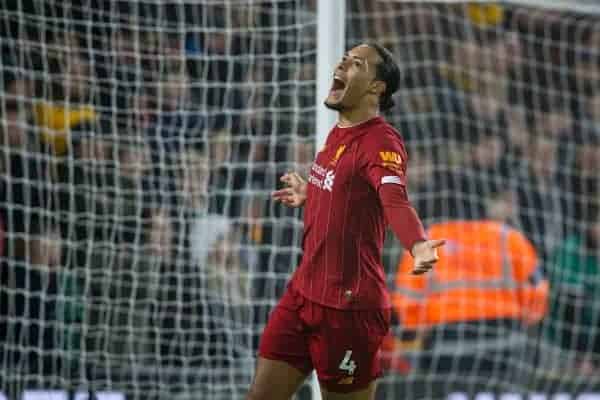 WOLVERHAMPTON, ENGLAND - Thursday, January 23, 2020: Liverpool's Virgil van Dijk celebrates his side's opening goal during the FA Premier League match between Wolverhampton Wanderers FC and Liverpool FC at Molineux Stadium. (Pic by David Rawcliffe/Propaganda)