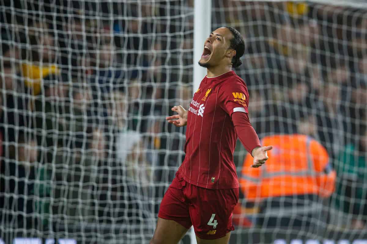 WOLVERHAMPTON, ENGLAND - Thursday, January 23, 2020: Liverpool's Virgil van Dijk celebrates his side's opening goal during the FA Premier League match between Wolverhampton Wanderers FC and Liverpool FC at Molineux Stadium. (Pic by David Rawcliffe/Propaganda)