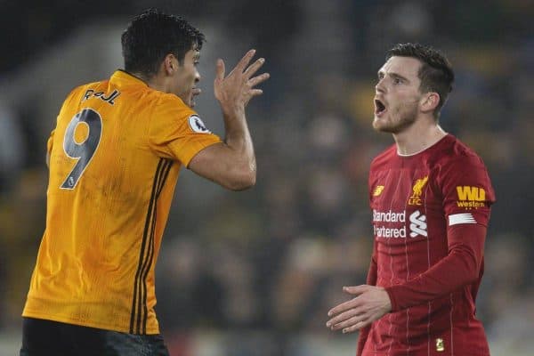 WOLVERHAMPTON, ENGLAND - Thursday, January 23, 2020: Wolverhampton Wanderers' Raúl Jiménez (L) and Liverpool's Andy Robertson during the FA Premier League match between Wolverhampton Wanderers FC and Liverpool FC at Molineux Stadium. (Pic by David Rawcliffe/Propaganda)