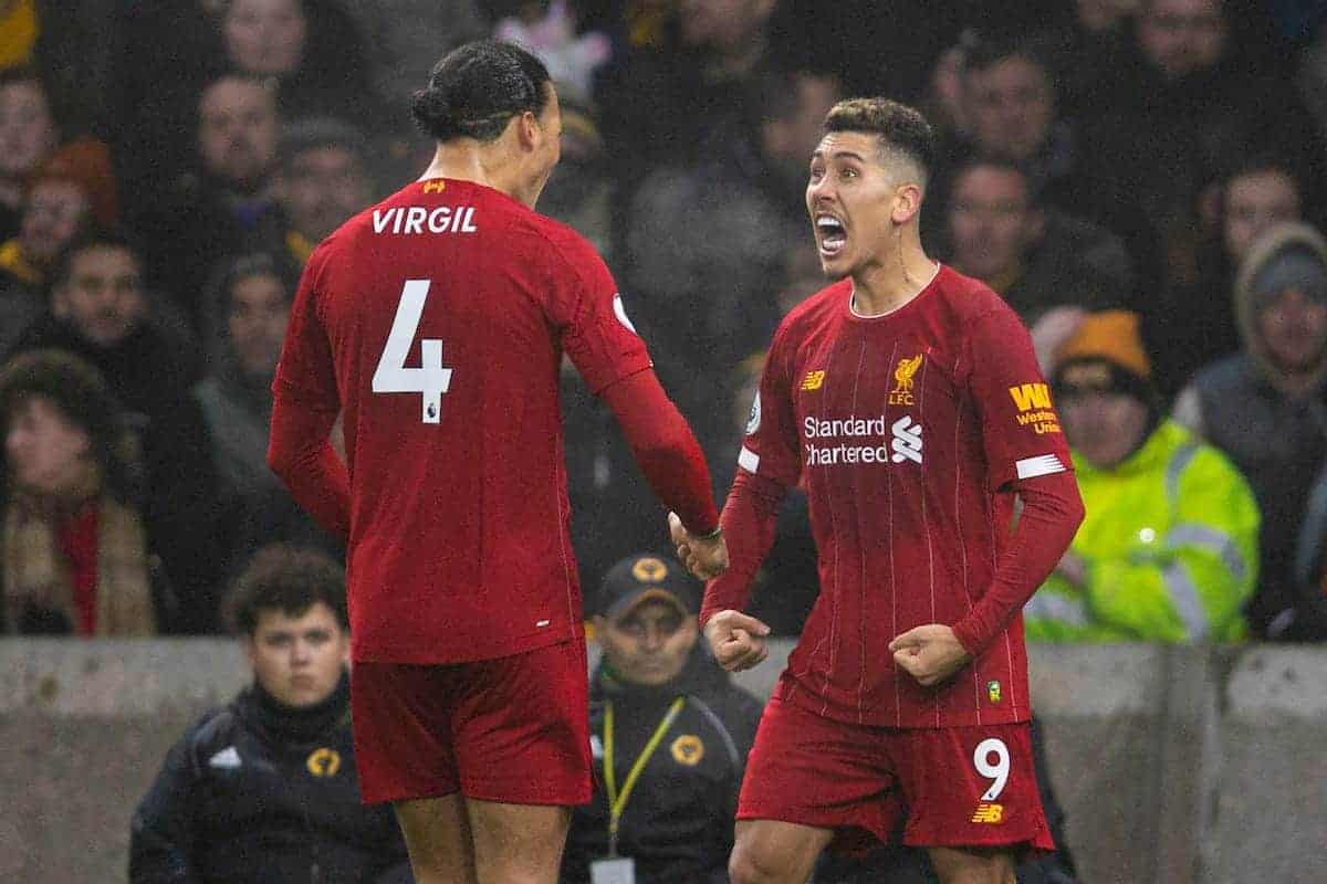 WOLVERHAMPTON, ENGLAND - Thursday, January 23, 2020: Liverpool's Roberto Firmino (R) celebrates scoring the second goal with team-mate Virgil van Dijk during the FA Premier League match between Wolverhampton Wanderers FC and Liverpool FC at Molineux Stadium. (Pic by David Rawcliffe/Propaganda)