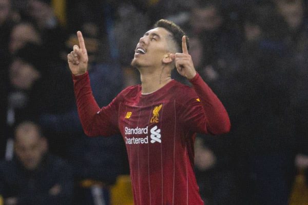 WOLVERHAMPTON, ENGLAND - Thursday, January 23, 2020: Liverpool's Roberto Firmino (R) celebrates scoring the second goal during the FA Premier League match between Wolverhampton Wanderers FC and Liverpool FC at Molineux Stadium. (Pic by David Rawcliffe/Propaganda)