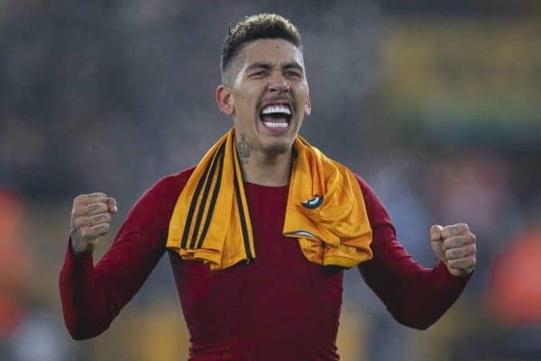 WOLVERHAMPTON, ENGLAND - Thursday, January 23, 2020: Liverpool's match-winning goal-scorer Roberto Firmino celebrates after the FA Premier League match between Wolverhampton Wanderers FC and Liverpool FC at Molineux Stadium. Liverpool wom 2-1. (Pic by David Rawcliffe/Propaganda)