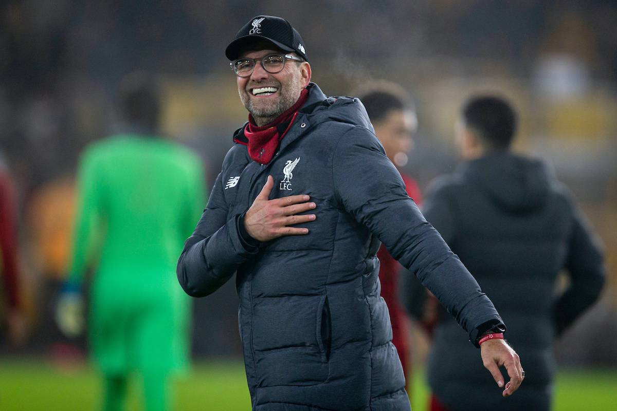 WOLVERHAMPTON, ENGLAND - Thursday, January 23, 2020: Liverpool's manager Jürgen Klopp celebrates after the FA Premier League match between Wolverhampton Wanderers FC and Liverpool FC at Molineux Stadium. Liverpool wom 2-1. (Pic by David Rawcliffe/Propaganda)