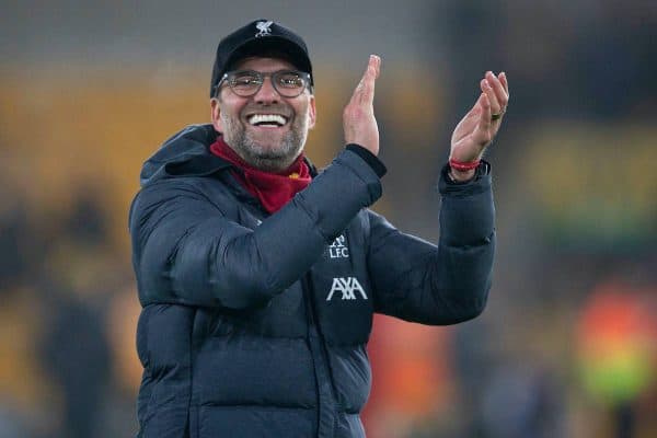 WOLVERHAMPTON, ENGLAND - Thursday, January 23, 2020: Liverpool's manager Jürgen Klopp celebrates after the FA Premier League match between Wolverhampton Wanderers FC and Liverpool FC at Molineux Stadium. Liverpool wom 2-1. (Pic by David Rawcliffe/Propaganda)