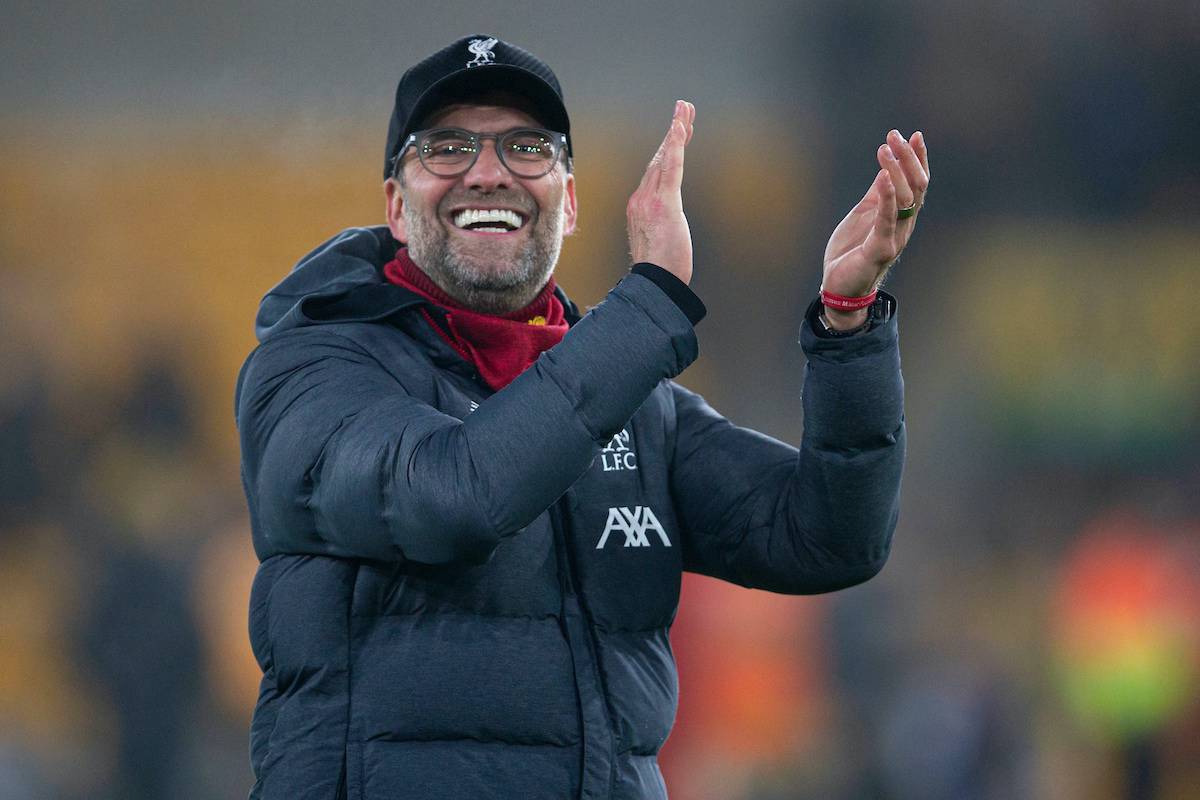 WOLVERHAMPTON, ENGLAND - Thursday, January 23, 2020: Liverpool's manager Jürgen Klopp celebrates after the FA Premier League match between Wolverhampton Wanderers FC and Liverpool FC at Molineux Stadium. Liverpool wom 2-1. (Pic by David Rawcliffe/Propaganda)