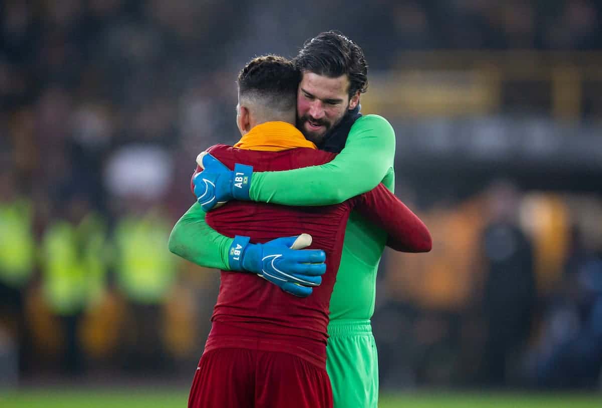 WOLVERHAMPTON, ENGLAND - Thursday, January 23, 2020: Liverpool's match-winning goal-scorer Roberto Firmino (L) celebrates with goalkeeper Alisson Becker after the FA Premier League match between Wolverhampton Wanderers FC and Liverpool FC at Molineux Stadium. Liverpool wom 2-1. (Pic by David Rawcliffe/Propaganda)