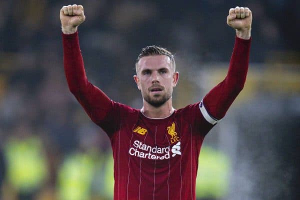 WOLVERHAMPTON, ENGLAND - Thursday, January 23, 2020: Liverpool's captain Jordan Henderson celebrates after the FA Premier League match between Wolverhampton Wanderers FC and Liverpool FC at Molineux Stadium. Liverpool wom 2-1. (Pic by David Rawcliffe/Propaganda)