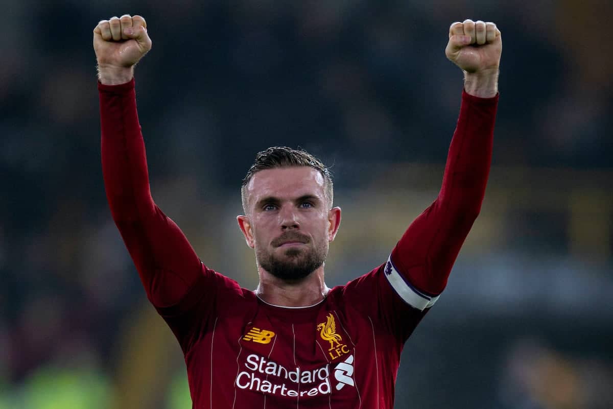 WOLVERHAMPTON, ENGLAND - Thursday, January 23, 2020: Liverpool's captain Jordan Henderson celebrates after the FA Premier League match between Wolverhampton Wanderers FC and Liverpool FC at Molineux Stadium. Liverpool wom 2-1. (Pic by David Rawcliffe/Propaganda)