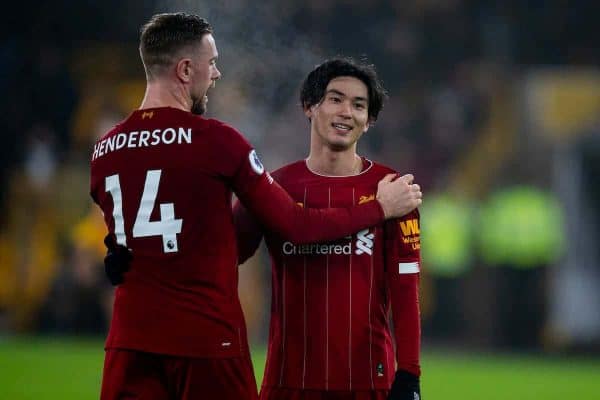 WOLVERHAMPTON, ENGLAND - Thursday, January 23, 2020: Liverpool's Takumi Minamino (R) celebrates with captain Jordan Henderson after the FA Premier League match between Wolverhampton Wanderers FC and Liverpool FC at Molineux Stadium. Liverpool wom 2-1. (Pic by David Rawcliffe/Propaganda)