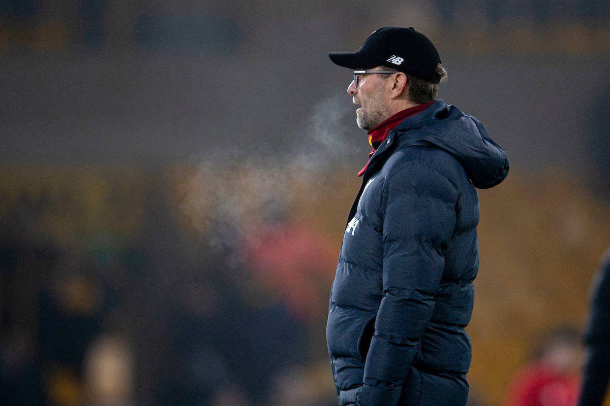 WOLVERHAMPTON, ENGLAND - Thursday, January 23, 2020: Liverpool's manager Jürgen Klopp during the pre-match warm-up before the FA Premier League match between Wolverhampton Wanderers FC and Liverpool FC at Molineux Stadium. (Pic by David Rawcliffe/Propaganda)