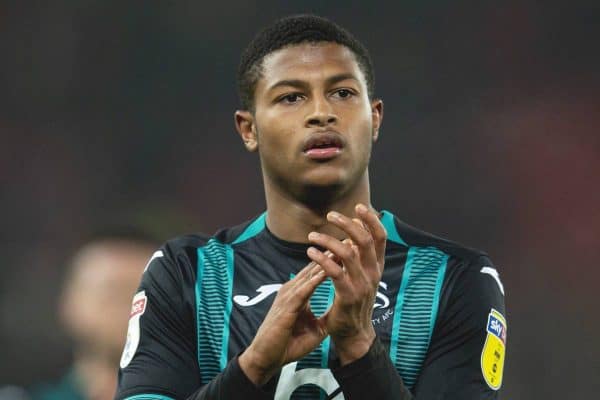 STOKE-ON-TRENT, ENGLAND - Saturday, January 25, 2020: Swansea City's Rhian Brewster applauds the supporters after the Football League Championship match between Stoke City FC and Swansea City FC at the Britannia Stadium. Swansea City lost 2-0. (Pic by David Rawcliffe/Propaganda)