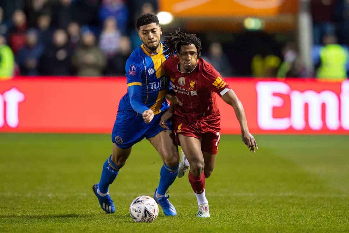 SHREWSBURY, ENGLAND - Sunday, January 26, 2020: Liverpool's Yasser Larouci (R) and Shrewsbury Town's Josh Laurent during the FA Cup 4th Round match between Shrewsbury Town FC and Liverpool FC at the New Meadow. (Pic by David Rawcliffe/Propaganda)