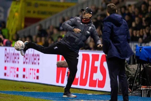 SHREWSBURY, ENGLAND - Sunday, January 26, 2020: Liverpool's manager Jürgen Klopp kicks the ball during the FA Cup 4th Round match between Shrewsbury Town FC and Liverpool FC at the New Meadow. (Pic by David Rawcliffe/Propaganda)