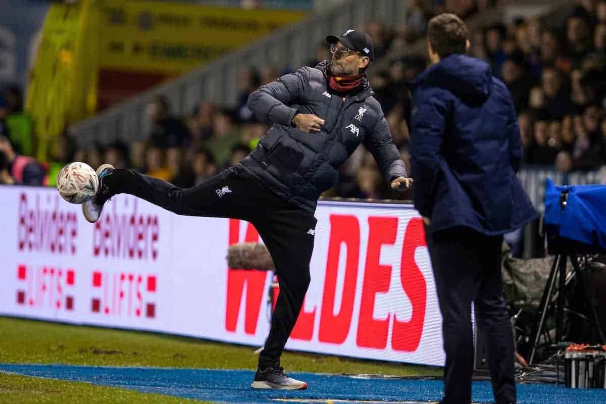 SHREWSBURY, ENGLAND - Sunday, January 26, 2020: Liverpool's manager Jürgen Klopp kicks the ball during the FA Cup 4th Round match between Shrewsbury Town FC and Liverpool FC at the New Meadow. (Pic by David Rawcliffe/Propaganda)