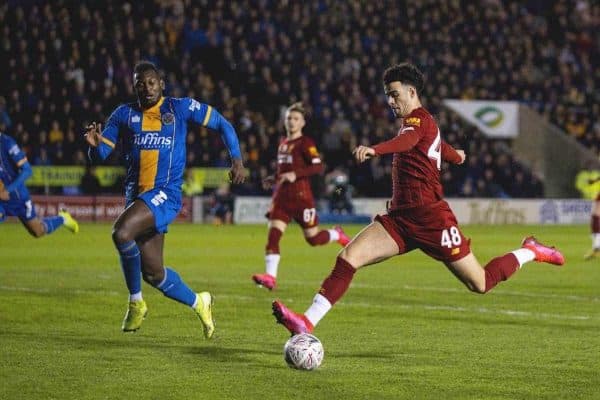 SHREWSBURY, ENGLAND - Sunday, January 26, 2020: Liverpool's Curtis Jones scores the first goal during the FA Cup 4th Round match between Shrewsbury Town FC and Liverpool FC at the New Meadow. (Pic by David Rawcliffe/Propaganda)