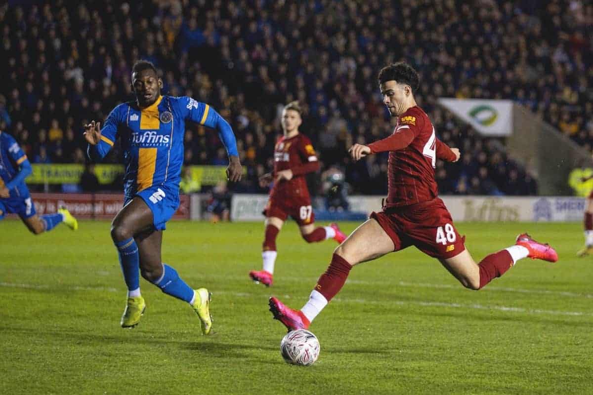 SHREWSBURY, ENGLAND - Sunday, January 26, 2020: Liverpool's Curtis Jones scores the first goal during the FA Cup 4th Round match between Shrewsbury Town FC and Liverpool FC at the New Meadow. (Pic by David Rawcliffe/Propaganda)