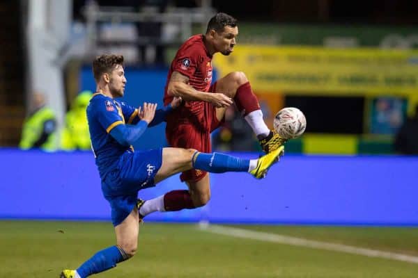 SHREWSBURY, ENGLAND - Sunday, January 26, 2020: Liverpool's Dejan Lovren (R) and Shrewsbury Town's Callum Lang during the FA Cup 4th Round match between Shrewsbury Town FC and Liverpool FC at the New Meadow. (Pic by David Rawcliffe/Propaganda)