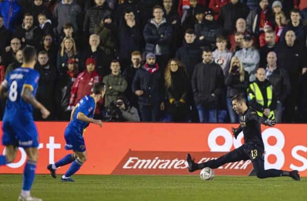 SHREWSBURY, ENGLAND - Sunday, January 26, 2020: Liverpool's goalkeeper Adrián San Miguel del Castillo makes a save during the FA Cup 4th Round match between Shrewsbury Town FC and Liverpool FC at the New Meadow. (Pic by David Rawcliffe/Propaganda)