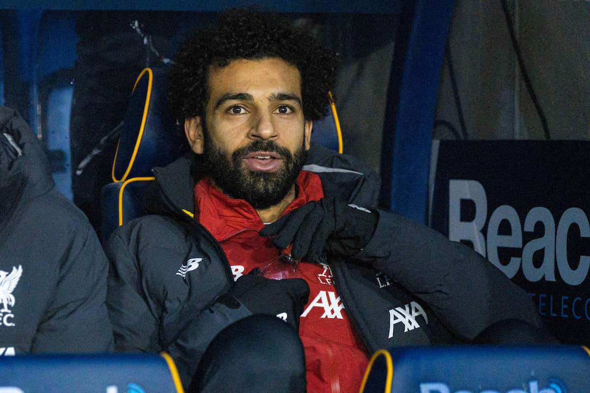 SHREWSBURY, ENGLAND - Sunday, January 26, 2020: Liverpool's substitute Mohamed Salah sits on the bench during the FA Cup 4th Round match between Shrewsbury Town FC and Liverpool FC at the New Meadow. (Pic by David Rawcliffe/Propaganda)