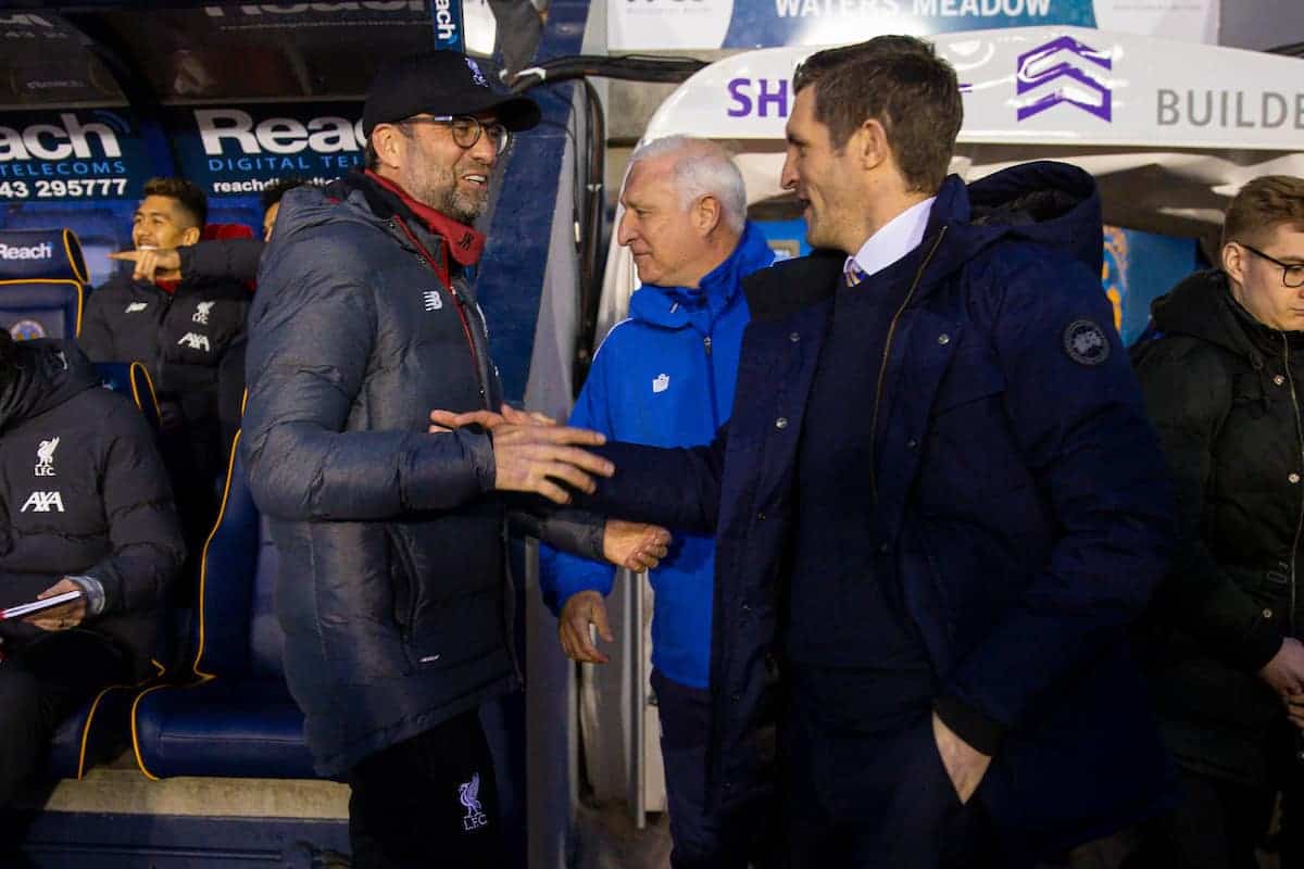 SHREWSBURY, ENGLAND - Sunday, January 26, 2020: Liverpool's manager Jürgen Klopp (L) and Shrewsbury Town's manager Sam Ricketts shake hands before the FA Cup 4th Round match between Shrewsbury Town FC and Liverpool FC at the New Meadow. (Pic by David Rawcliffe/Propaganda)