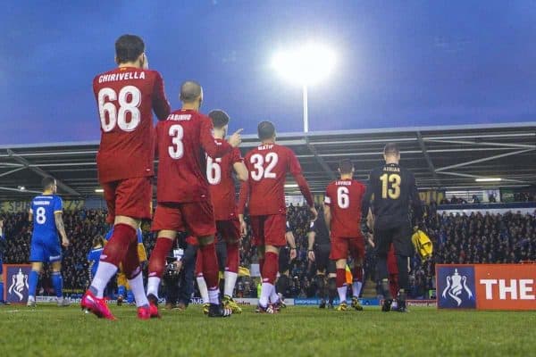 SHREWSBURY, ENGLAND - Sunday, January 26, 2020: Liverpool players walk out before the FA Cup 4th Round match between Shrewsbury Town FC and Liverpool FC at the New Meadow. (Pic by David Rawcliffe/Propaganda)