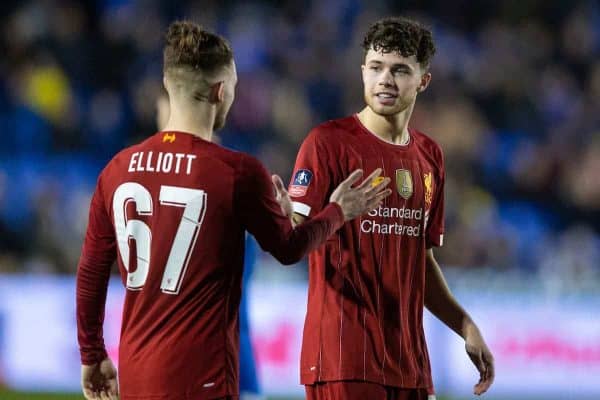 SHREWSBURY, ENGLAND - Sunday, January 26, 2020: Liverpool's Neco Williams celebrates with team-mate Harvey Elliott (L) after his cross forced a Shrewsbury Town own-goal to give his side a 2-0 lead during the FA Cup 4th Round match between Shrewsbury Town FC and Liverpool FC at the New Meadow. (Pic by David Rawcliffe/Propaganda)