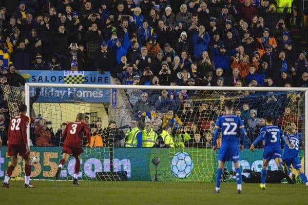 SHREWSBURY, ENGLAND - Sunday, January 26, 2020: Liverpool's goalkeeper Adrián San Miguel del Castillo is beaten as Shrewsbury Town's Jason Cummings scores his side's first goal from a penalty-kick during the FA Cup 4th Round match between Shrewsbury Town FC and Liverpool FC at the New Meadow. (Pic by David Rawcliffe/Propaganda)