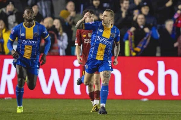 SHREWSBURY, ENGLAND - Sunday, January 26, 2020: Shrewsbury Town's Jason Cummings celebrates after scoring his side's first goal from a penalty-kick during the FA Cup 4th Round match between Shrewsbury Town FC and Liverpool FC at the New Meadow. (Pic by David Rawcliffe/Propaganda)