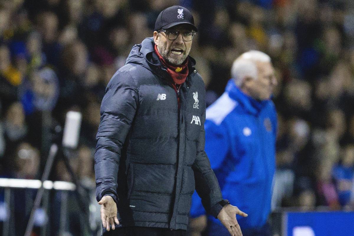 SHREWSBURY, ENGLAND - Sunday, January 26, 2020: Liverpool's manager Jürgen Klopp reacts during the FA Cup 4th Round match between Shrewsbury Town FC and Liverpool FC at the New Meadow. (Pic by David Rawcliffe/Propaganda)