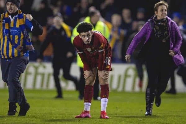 SHREWSBURY, ENGLAND - Sunday, January 26, 2020: Liverpool's Curtis Jones looks dejected as his side draw 2-2 and supporters invade the pitch during the FA Cup 4th Round match between Shrewsbury Town FC and Liverpool FC at the New Meadow. (Pic by David Rawcliffe/Propaganda)