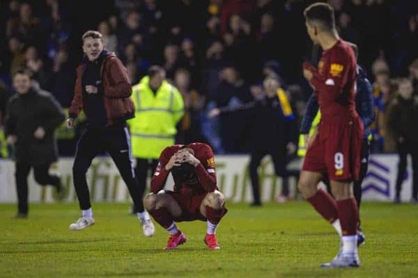 SHREWSBURY, ENGLAND - Sunday, January 26, 2020: Liverpool's Curtis Jones looks dejected as Shrewsbury Town supporters invade the pitch after the FA Cup 4th Round match between Shrewsbury Town FC and Liverpool FC at the New Meadow. The game ended in a 2-2 draw. (Pic by David Rawcliffe/Propaganda)