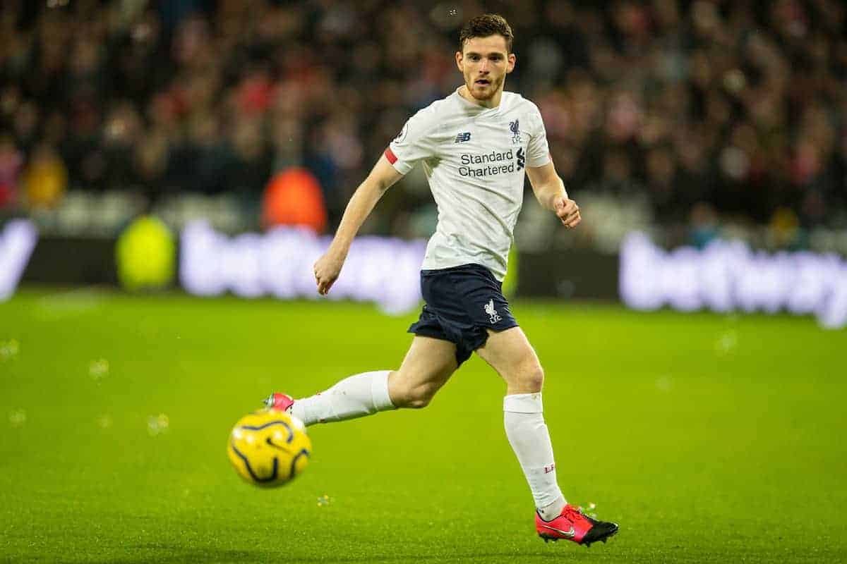 LONDON, ENGLAND - Wednesday, January 29, 2020: Liverpool's Andy Robertson during the FA Premier League match between West Ham United FC and Liverpool FC at the London Stadium. (Pic by David Rawcliffe/Propaganda)