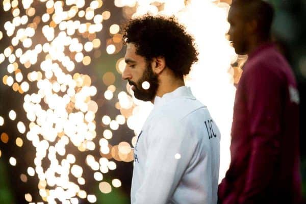 LONDON, ENGLAND - Wednesday, January 29, 2020: Liverpool's Mohamed Salah walks through pyrotechnics before the FA Premier League match between West Ham United FC and Liverpool FC at the London Stadium. (Pic by David Rawcliffe/Propaganda)