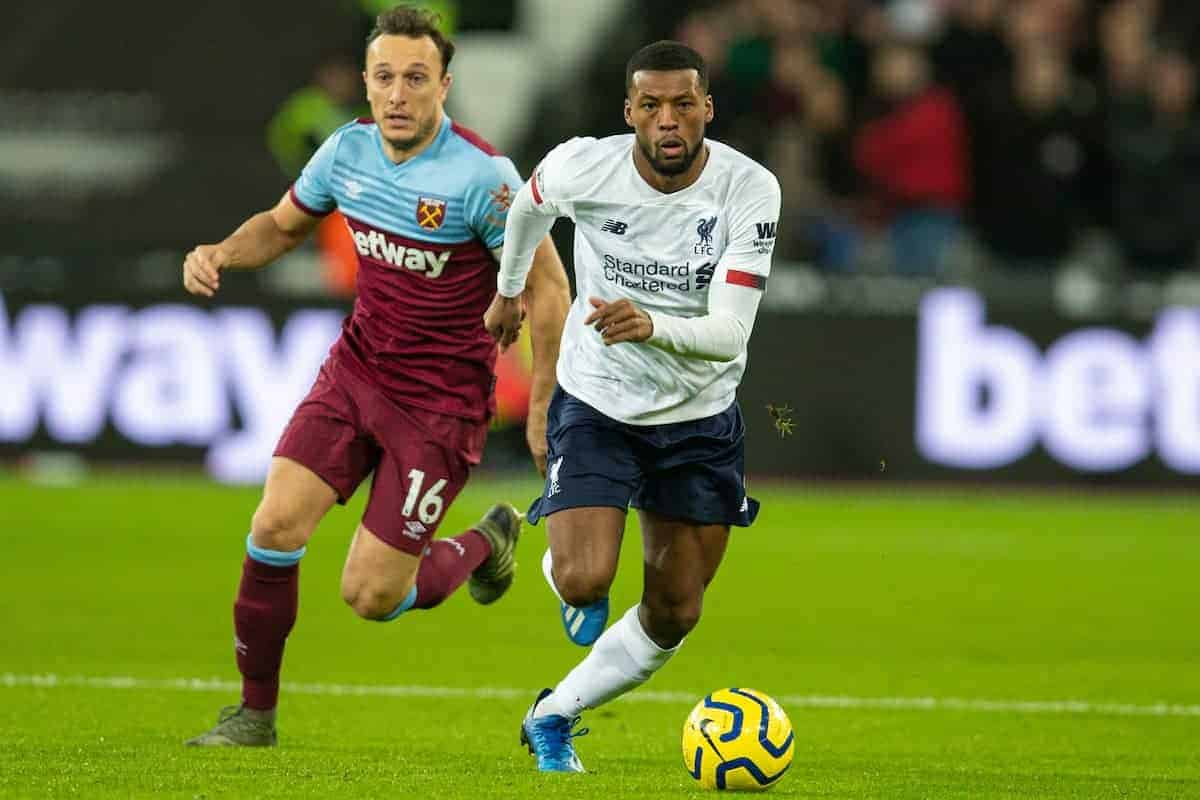 LONDON, ENGLAND - Wednesday, January 29, 2020: Liverpool's Georginio Wijnaldum during the FA Premier League match between West Ham United FC and Liverpool FC at the London Stadium. (Pic by David Rawcliffe/Propaganda)