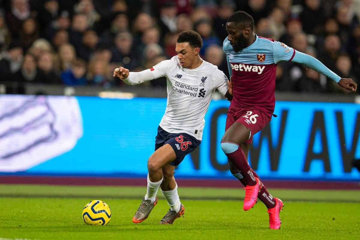 LONDON, ENGLAND - Wednesday, January 29, 2020: Liverpool's Trent Alexander-Arnold (L) and West Ham United's Arthur Masuaku during the FA Premier League match between West Ham United FC and Liverpool FC at the London Stadium. (Pic by David Rawcliffe/Propaganda)